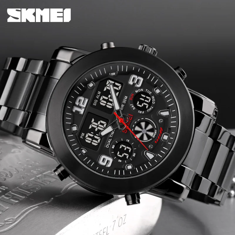 

SKMEI 3 Time Fashion Casual Watches Mens Chrono Count Down LED Quartz Wristwatches Stainless Steel Strap Men Watch Reloj