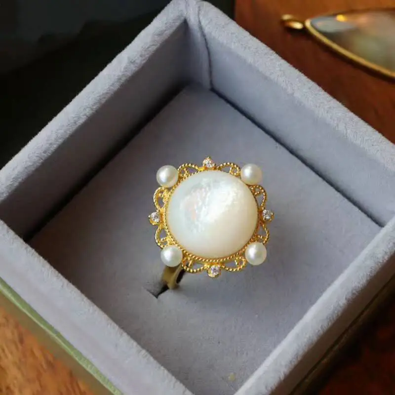 

Vintage Open Ring Women's Hong Kong Style Fashion Elegant White Fritillary Ring S925 Sterling Silver High-Grade Open Ring