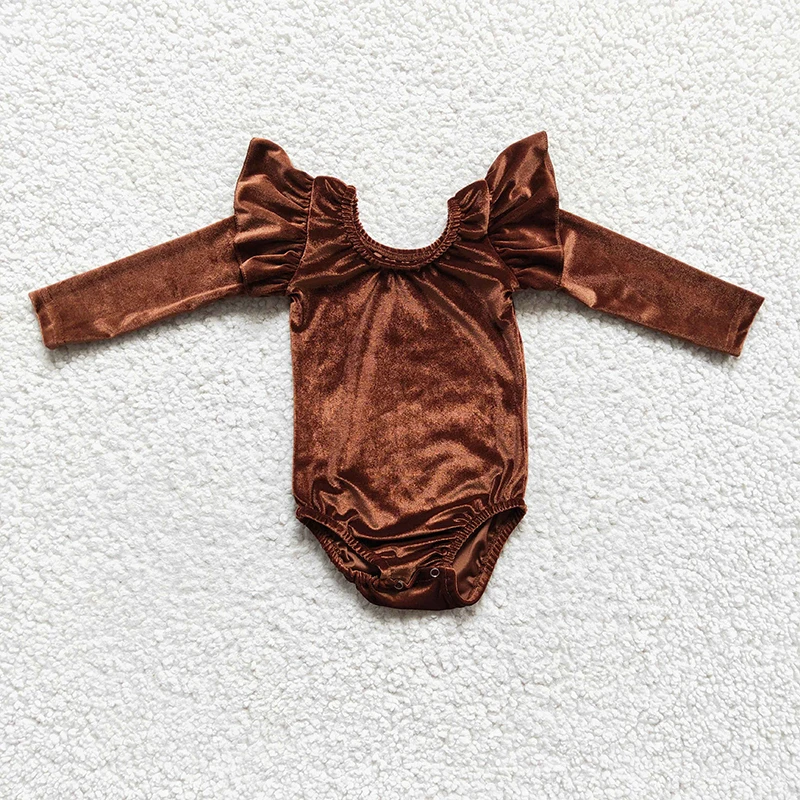 

Newborn Brown Velvet Bubble Long Sleeves Ruffle Romper Baby Girl Jumpsuit Kid Bummie Wholesale Toddler One-piece Spring Clothes