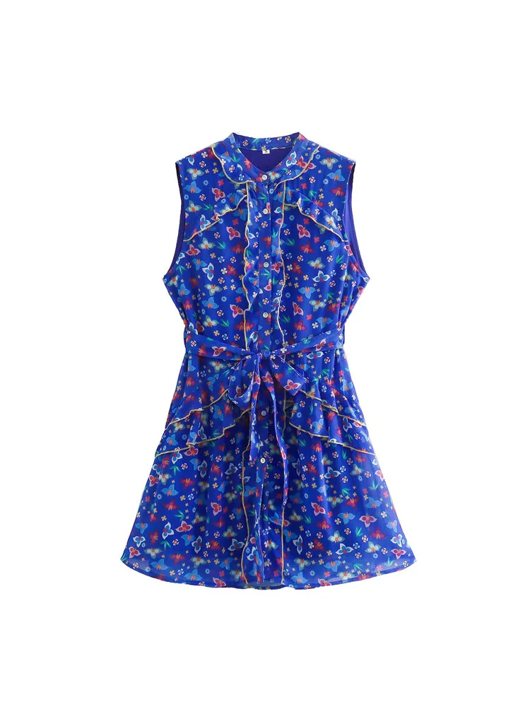 

2022 Summer Women Kawaii Mini Dress Floral Print Ruffles Sashes Bow Tie Female Elegant Chiffon A-Line Dresses Vestidos