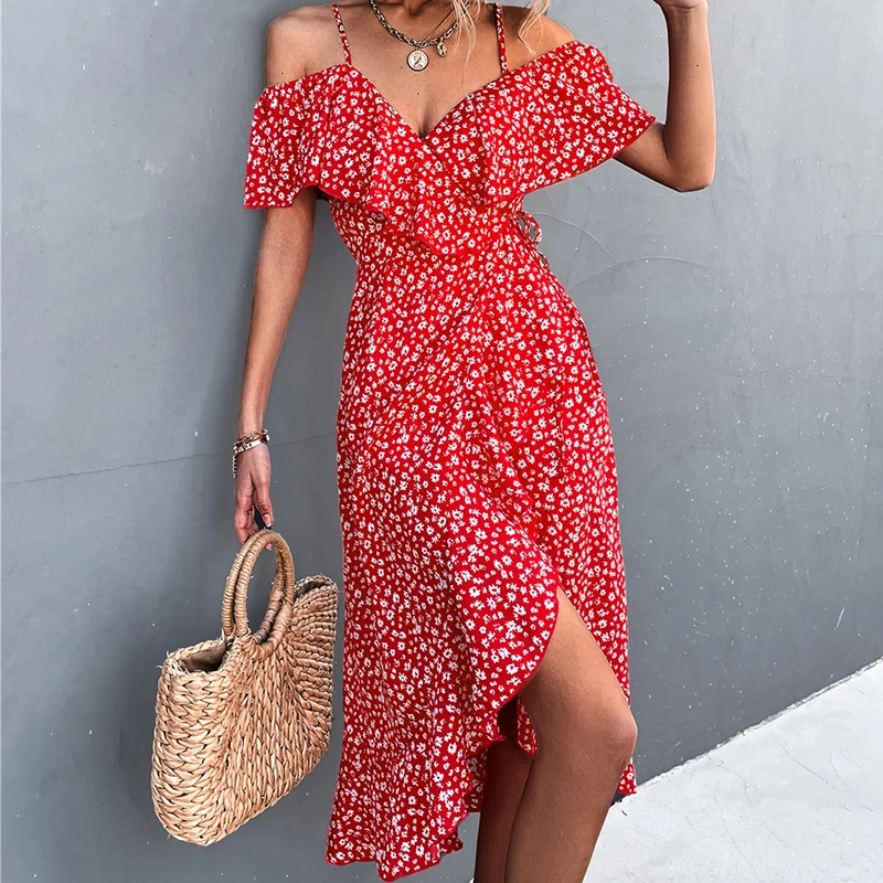 

Chic Floral Print Sling Dress Women Summer Dresses 2022 NEW Elegant Sexy Strapless Spaghetti Irregular Ruffle Hem Slit Dress