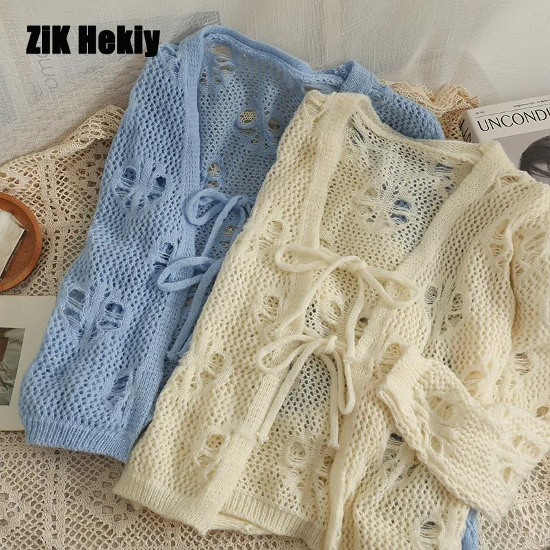 

Zik Hekiy Women Summer Hollow Perspective Thin Section Long-Sleeved Knitted Sweater Women New Solid Color Loose Thin Shirt Top