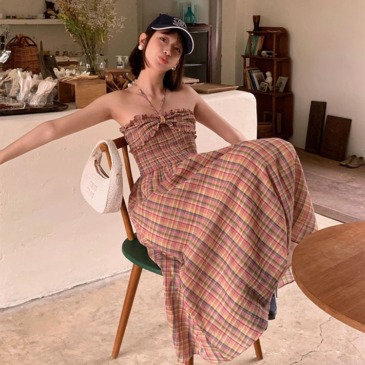 

Summer Cotton New Girlish Sweet Bow Long Dress Design Sense Sexy Hanging Neck Temperament Cozy Holiday Style Plaid Vestidos