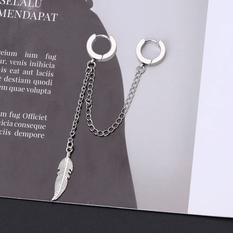 Fashion Earrings for Men Titanium Feather Pendant Double Long Chain Women Korean Jewelry | Украшения и аксессуары