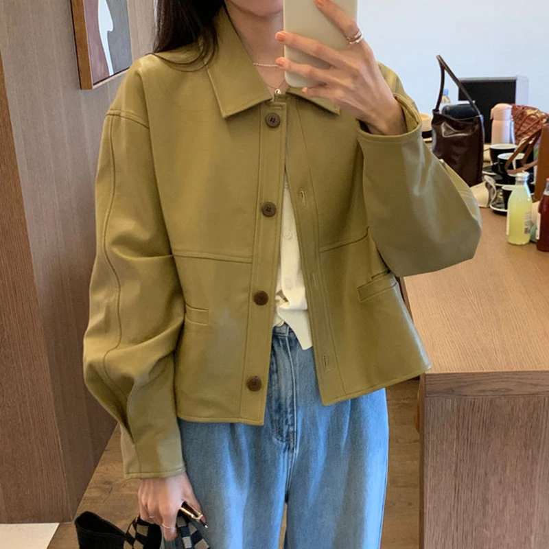 French style  gold button lapel leather coat with short design new style autumn 2023  leather jacket women