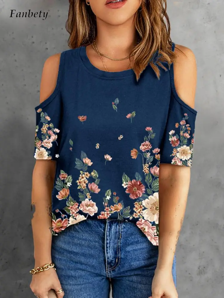 

Блузка женская Свободная с открытыми плечами, пикантный пуловер с круглым вырезом и коротким рукавом, элегантный топ с цветочным принтом, л...