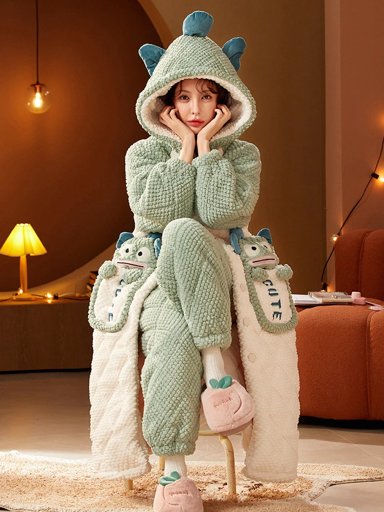 Coral Fleece Quilted Pajamas Women Winter Fleece-lined Three-Layer Warm Flannel Funny Cartoon Hood Nightgown Homewear