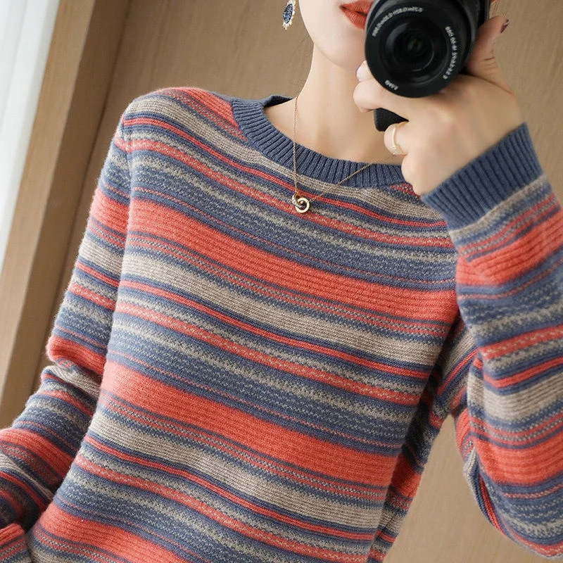 

Female Korean Harajuku Sweater For Women Loose Striped Knitted Pullovers Vintage Women's Sweaters Pullover Jumper