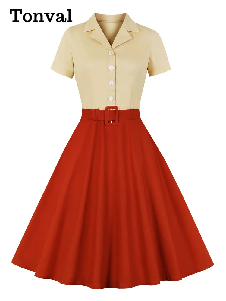 

Tonval Two Tone Notched Collar Buttons Belted A-Line Vintage Clothes for Women Short Sleeve Summer Elegant Midi Dress 2022