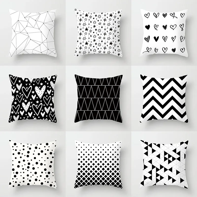 

Simple Black White Lumbar Pillows Case 45X45cm Polyester Geometry Stripes Dots Print Sofa Throw Cushion Cover Home Decor