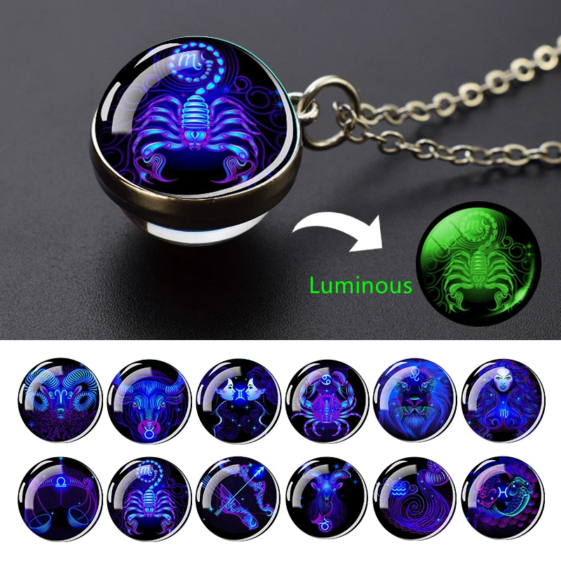 

12 Constellation Luminous Necklace Glass Ball Pendant Zodiac Sign Necklace Glow In The Dark Jewelry Men Women Birthday Gifts