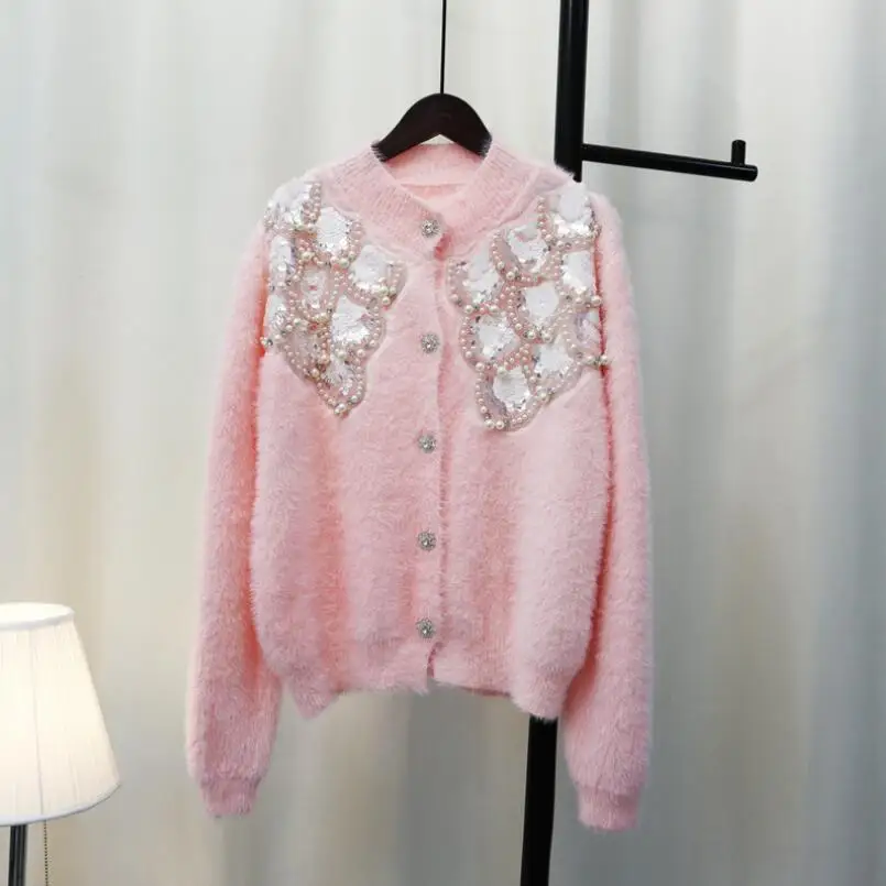 

Beaded Sequined Knitted Cardigan Women's 2022 Autumn Winter imitation mink fleece Sweater coat Femme Casual Warm Tops w425