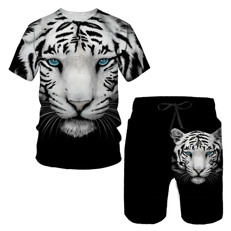 Summer Cool Tiger Printing Men's T Shirt Loose O-neck Short Sleeve Tops Casual Comfortable Shorts 2 Piece Outfit Men Clothing