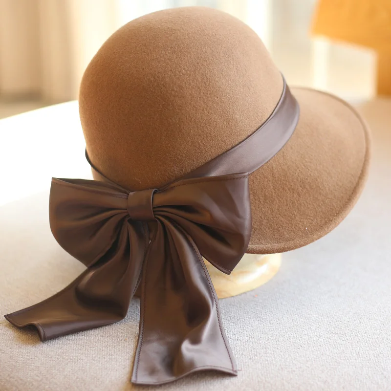 

Retro Style Women's Woolen Hats with Bow Knot Ribbon Warm Winter Bucket Hats Outdoor Casual Japan Style Hats
