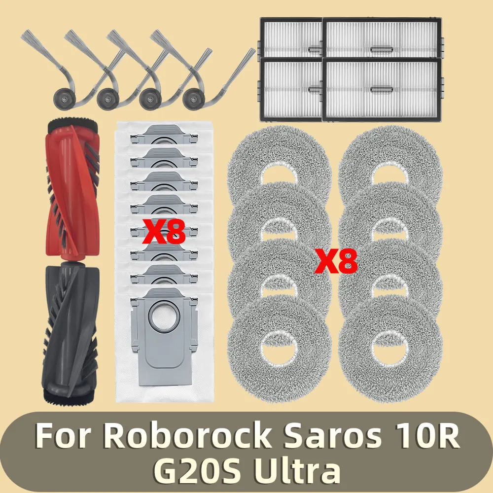 

Запчасти и аксессуары для Roborock Saros 10R / G20S Ultra / Qrevo EdgeT / CurvX: основная и боковые щетки, HEPA-фильтры, салфетки для влажной уборки, мешки для сбора пыли.