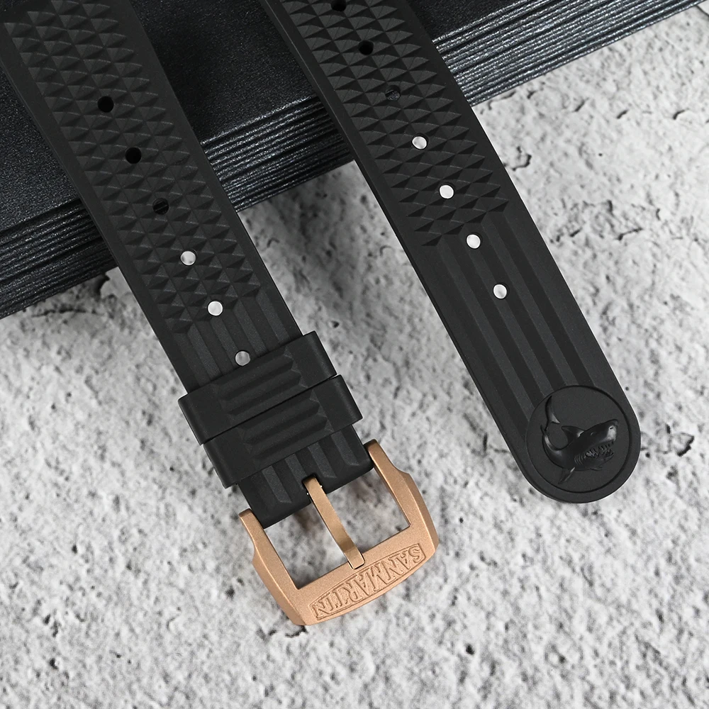 San Martin 20mm Fluororubber Watch Band Waterproof Quick Release Black Watch Strap Waffle Pattern Comfortable Watchbands Durable