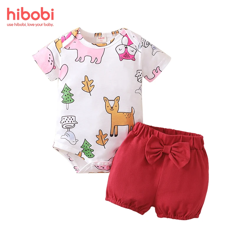 

Комбинезон hibobi с коротким рукавом и принтом животных для маленьких девочек, брюки с бантом, 2 предмета