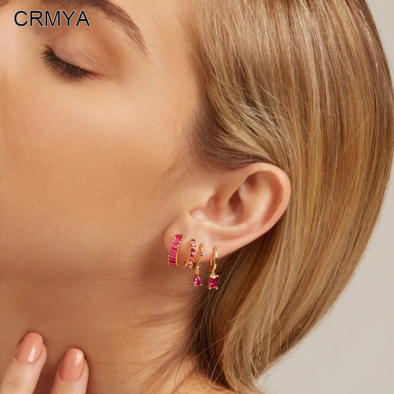 

CRMYA Red CZ Zircon Dangle Hoop Earrings For Women Vintage Gold Plated Piercing Famale Earring Set 2023 Jewelry Wholesale