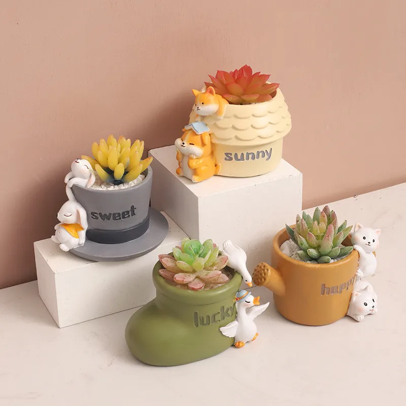 

Cute Animal Mini Landscape Planter Creative Cartoon Fleshy Succulent Flower Pot Resin Decoration Pen Holder Children's Gift