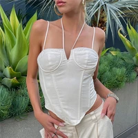 sexy white tied backless hem cami crop top women streetwear gothic y2k solid bodycon spaghetti strap tank clubwear