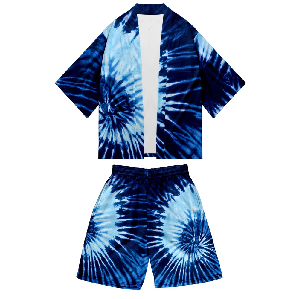 2PCS Men Tie Dye Robe Sets Short Sleeve Kimono&Shorts Pajamas Suit Summer Couple Sleepwear Home Clothes Large Size Nightwear
