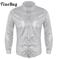 mens shiny sequin mesh see through long sleeve shirts button down party outfit rave clubwear dance performance top shirt