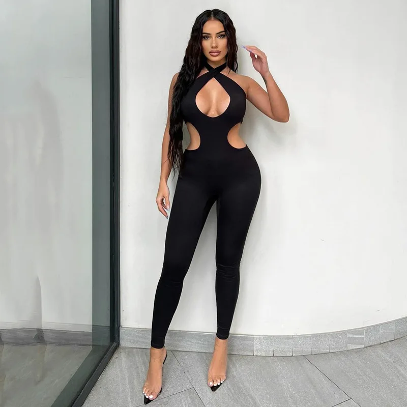 

2022 Summer Black Halterneck Sexy Women Overalls Classic Sleeveless One Piece Jumpsuit Hot Summer Fitness Skinny Romper