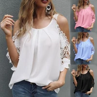o neck ladies tops off shoulder hollow lace sleeves blouse summer loose pure color sexy women shirt streetwear for daily wear
