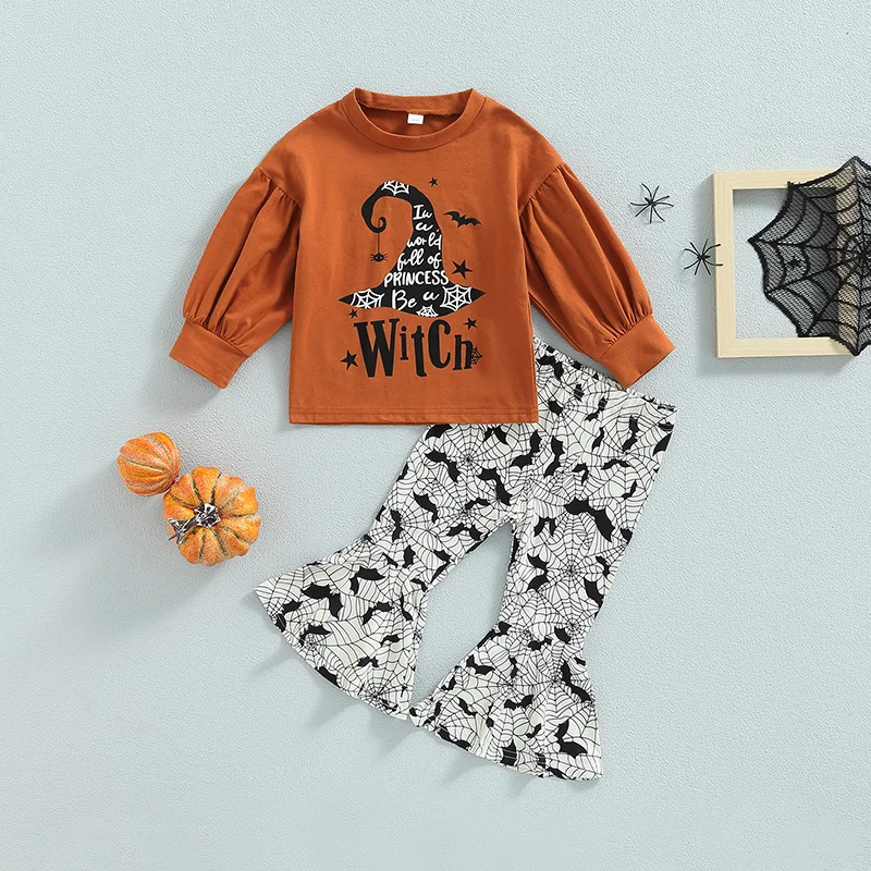 

Autumn Toddler Girl Halloween Clothes Set Long Sleeve Crew Neck Letter Witch Hat Print Sweatshirt Bat Spider Web Flare Pants Set