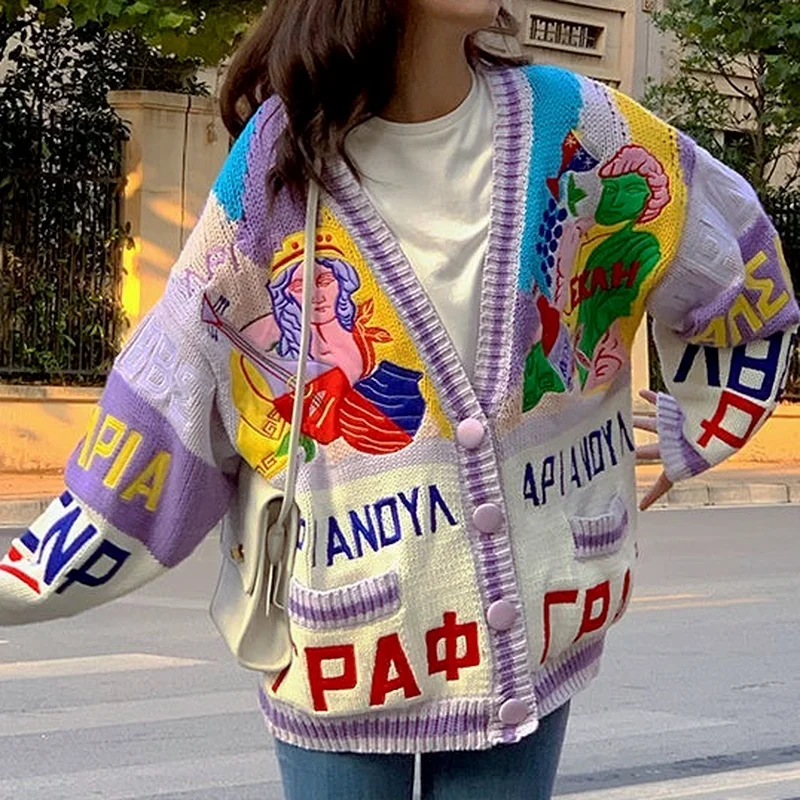 

QNPQYX Harajuku Letter Graffiti Embroidery Cardigan Sweater Y2K Women Vintage Old School Purple Oversize Pocket Jumper Female
