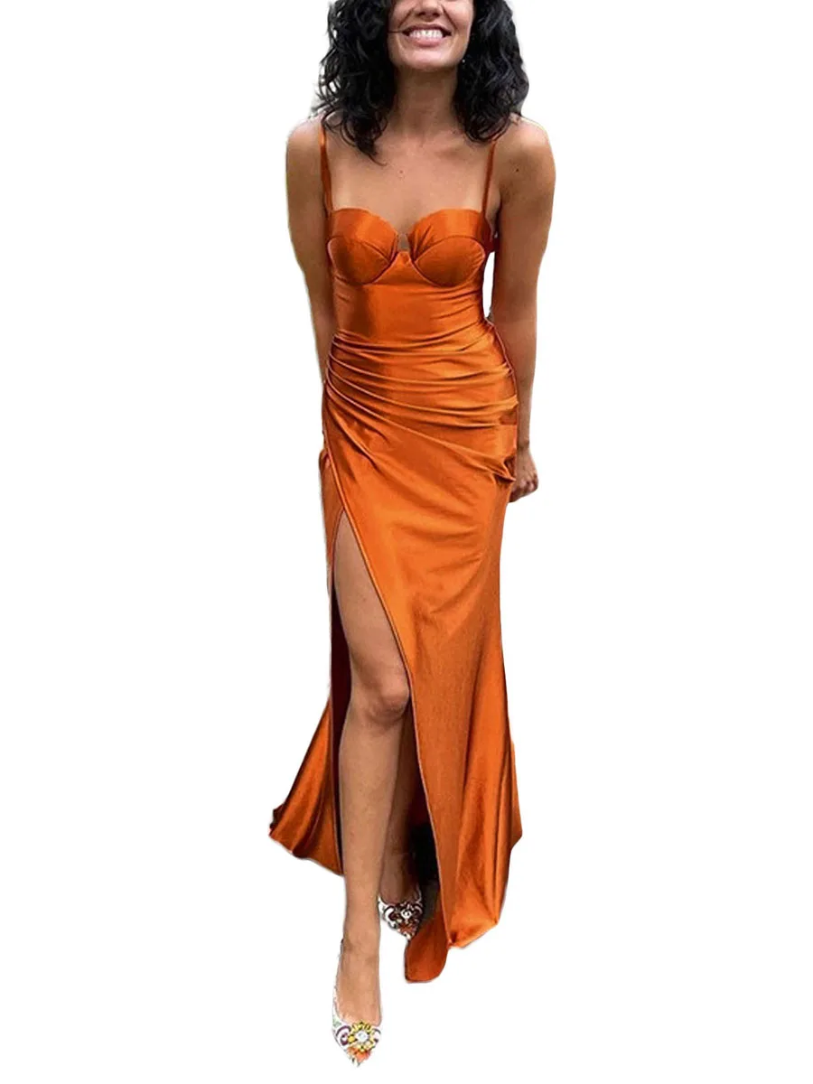 

Women Satin Sling Dress Spaghetti Low Cut Side Split Strap Party Cocktail Vintage Solid Slit Fitted Clubwear