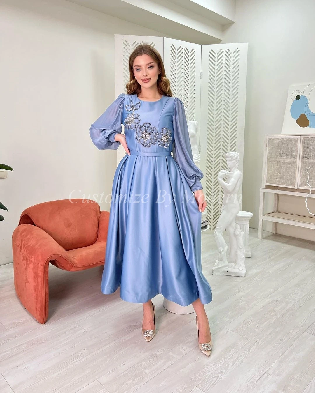 

Smoke Blue Long Puff Sleeves Prom Dresses A-Line O-Neck Beadings Ankle Length Saudi Arabia Women Evening Party Dress