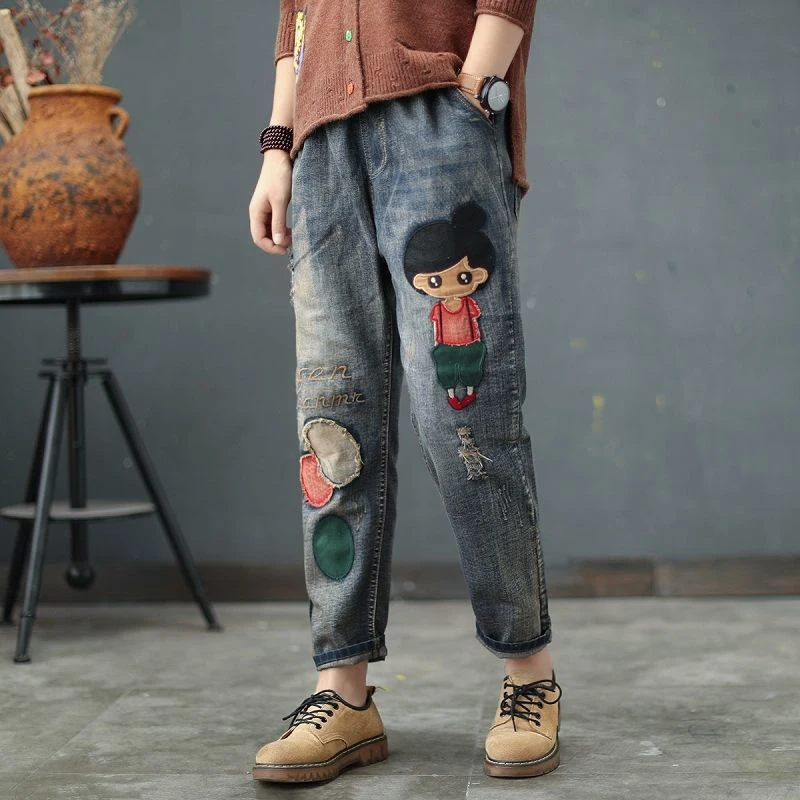 

Spring Autumn New Arts Style Women Jeans Elastic Waist Cotton Denim Harem Pants Vintage Embroidery Loose Ripped Jeans D463