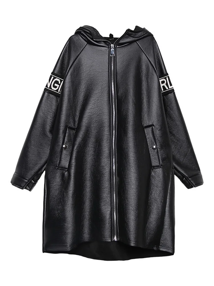 XITAO Letter  Faux Leather Women Fashion New 2019 Autumn Pocket Elegant Goddess Fan Hooded Collar Loose Coat ZLL4442