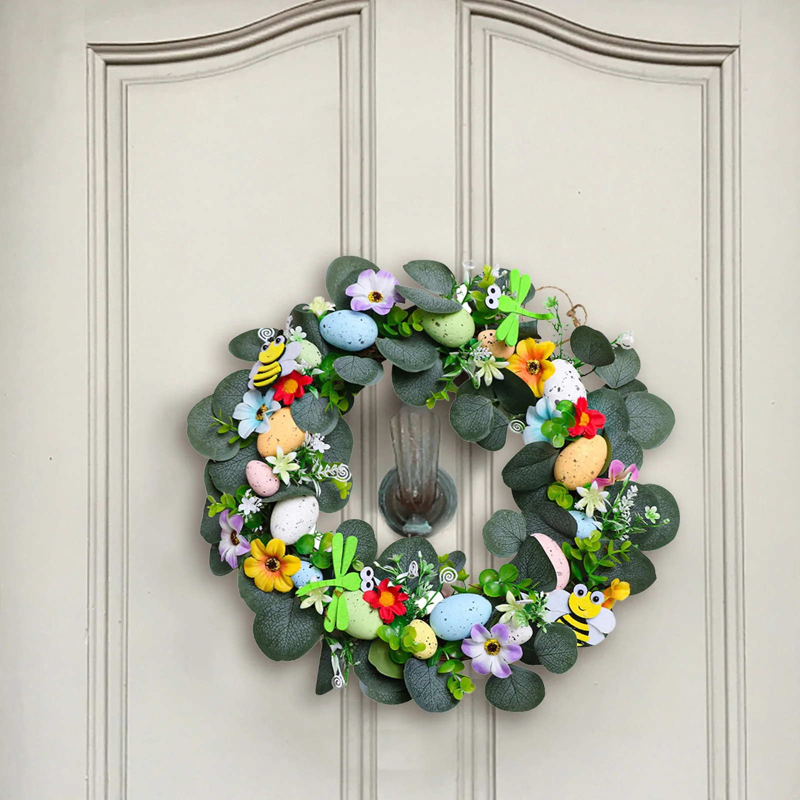 

Пасхальный венок с яйцами, цветное яйцо, искусственный венок эвкалипта, цветок, декоративные гирлянды, сад, Передняя фотография, домашний де...