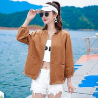 summer new cotton linen thin sun protection clothing womens jacket short linen loose breathable sun protection jacket women