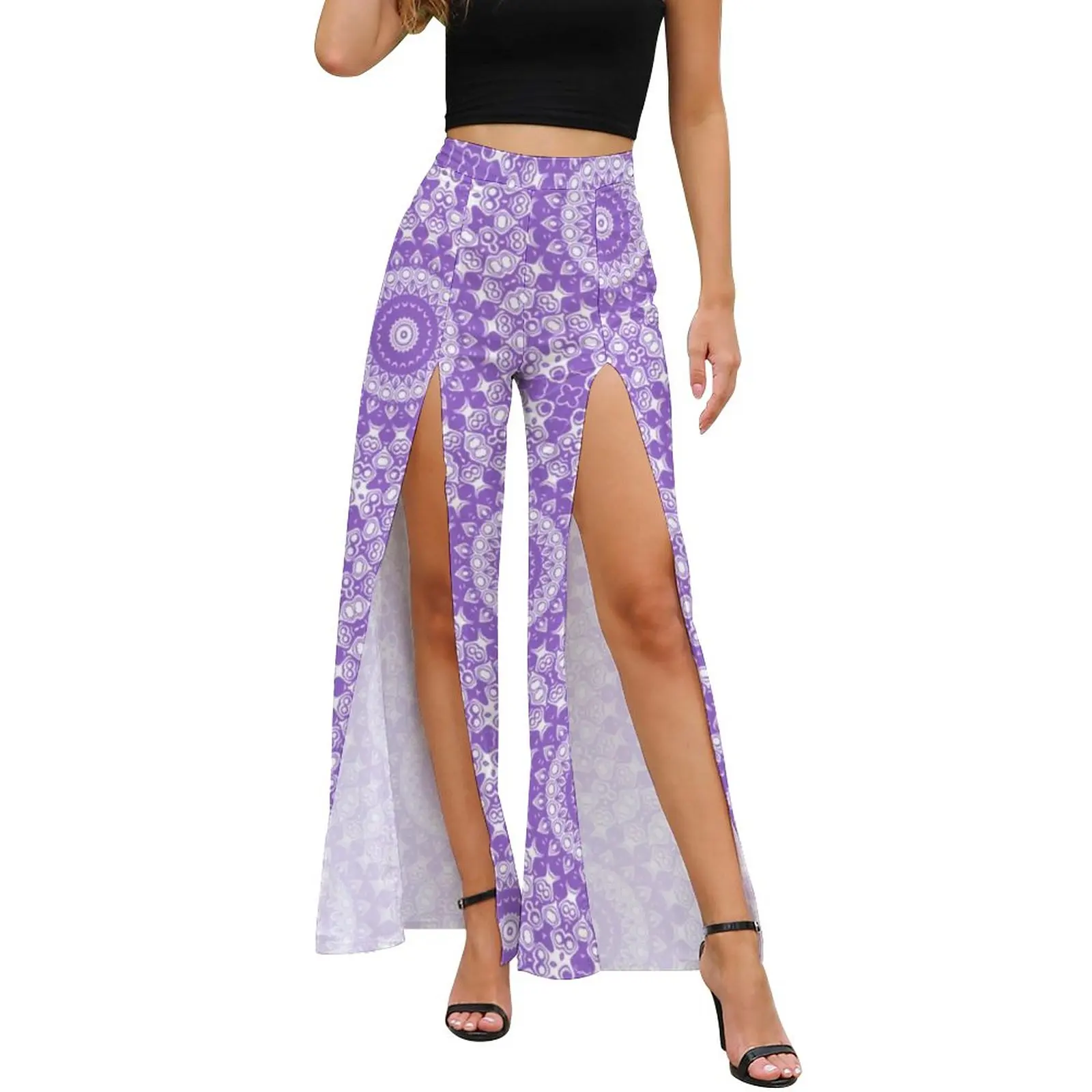 

Amethyst Lavender Mandala Pants High Slit Purple And White Print Teal Floral Casual Trousers Streetwear Print Wide Leg Pants