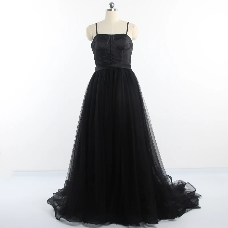 

Evening Dresses 2022 Black Strapless Stain Tulle Train Sleeveless Simple A-line Lace up Plus size Women Party Formal Dress B468