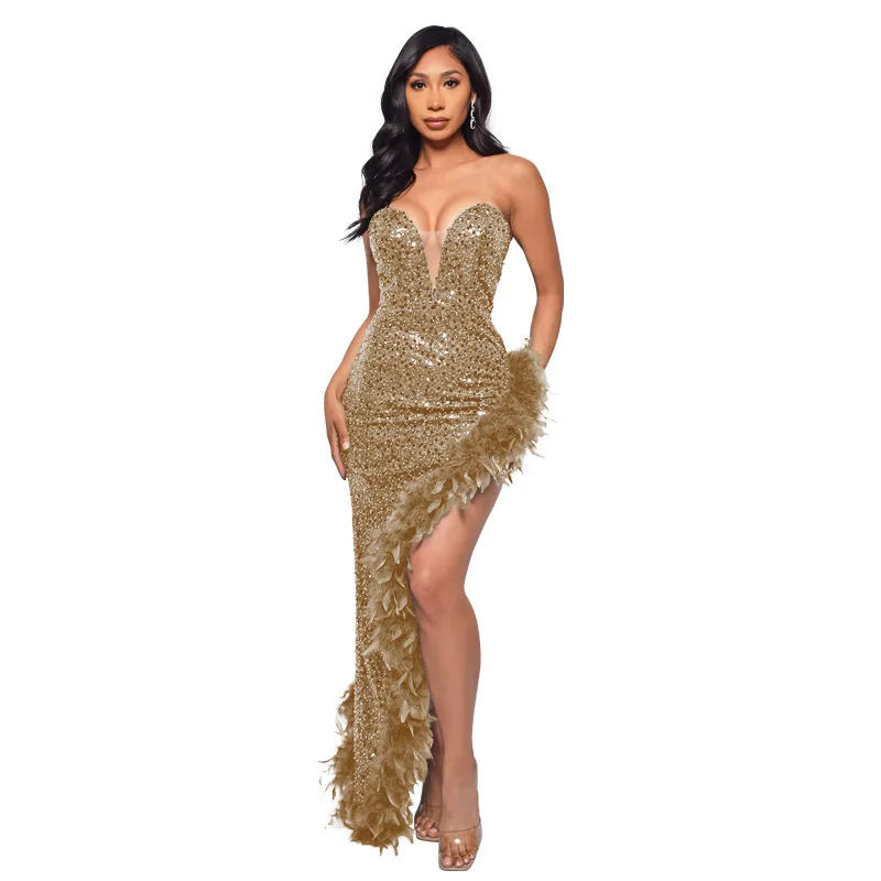 Elegant Women High Split Sexy Evening Party 2022 Summer Tube Top Feather Sequins Shinning Wedding Ball Prom Vestidos