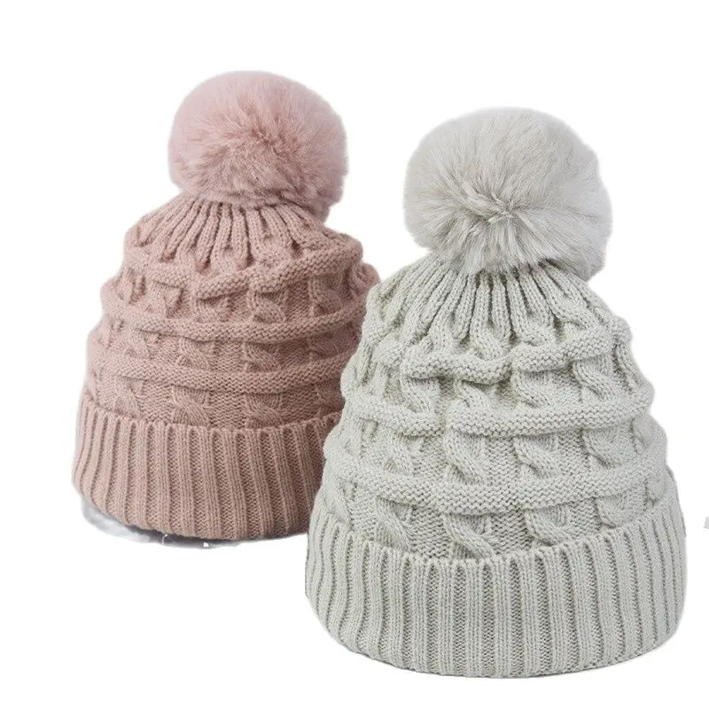 

Women's Slouchy knitted hats Thick warm plush beanie hat caps Winter Ladies girls casual Bone skullies with pom pom gorras