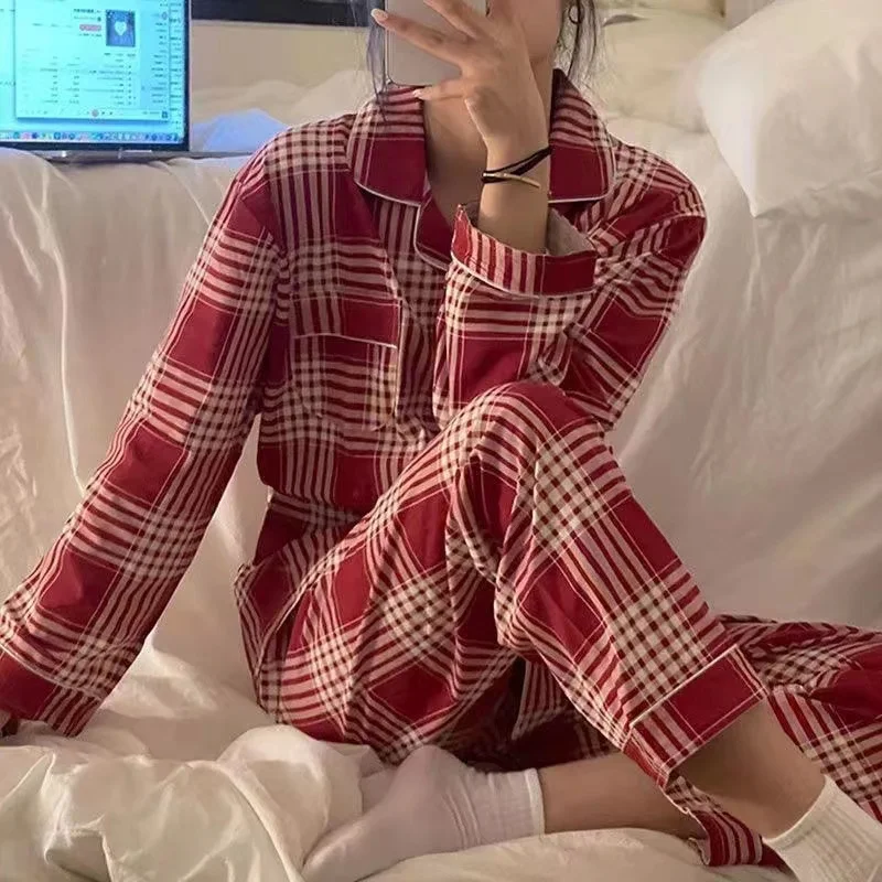 2022 New Sleepwear Women Spring Pajamas Set Plaid Long Sleeve Trousers Turn-Down Collar Pijama Female Loungewear Homewear