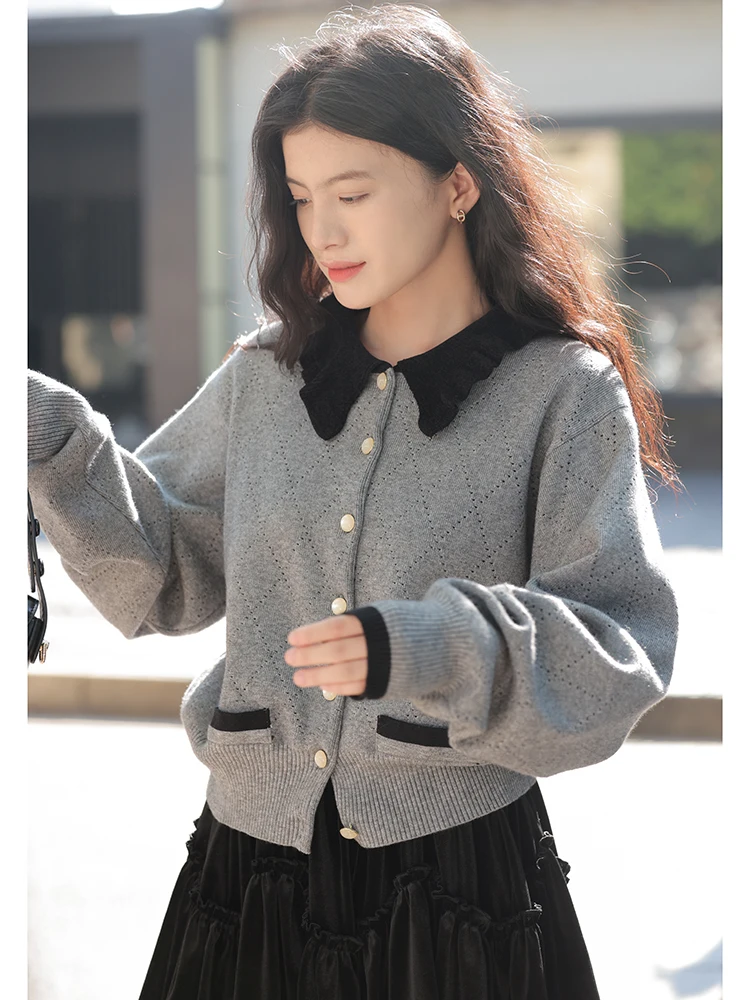 Серый вязаный кардиган с французским кукольным воротником верхняя одежда