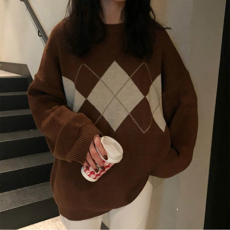 

Women Knitted Sweater Korean Fashion Oversized Argyle Pullovers Fall Winter Thick Warm Harajuku Loose Preppy Female Outwear