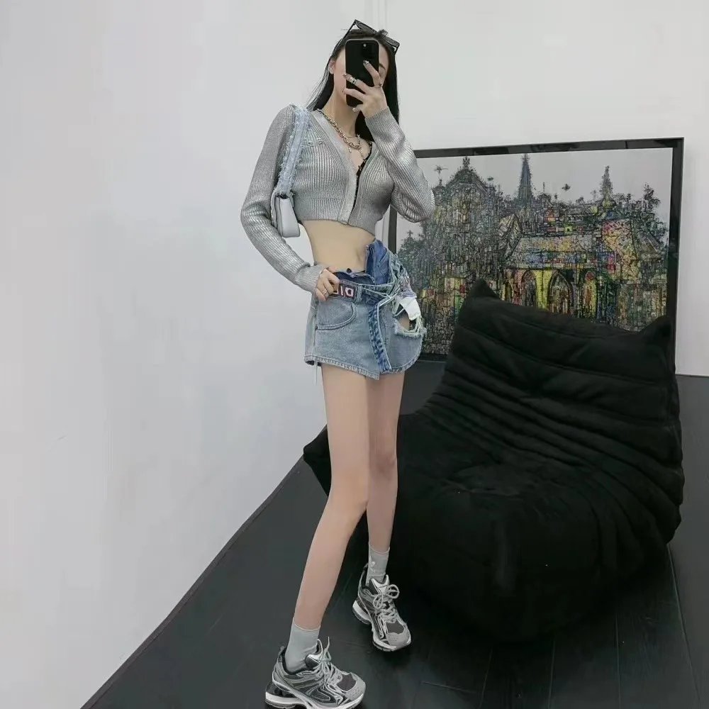 Женские синие джинсовые брюки с ремнем летние Рваные шорты высокой талией и