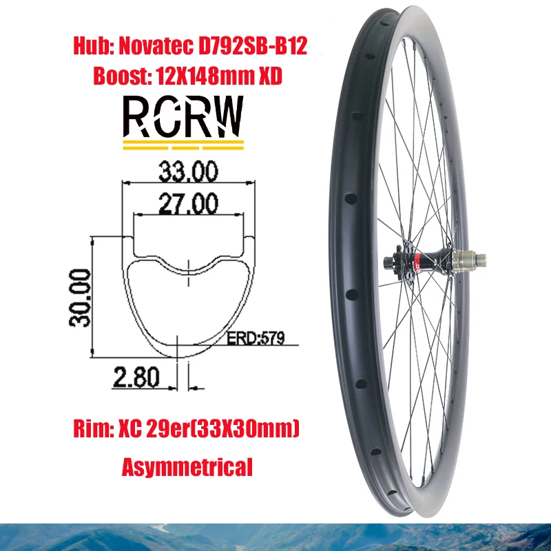 

29er MTB XC 33*30mm Rear Carbon Wheel Asymmetrical Rim Wide 33 Deep 30 Novatec D792SB-B12 Boost SHI 10 11S XD 11 12S XDR 12S Hub