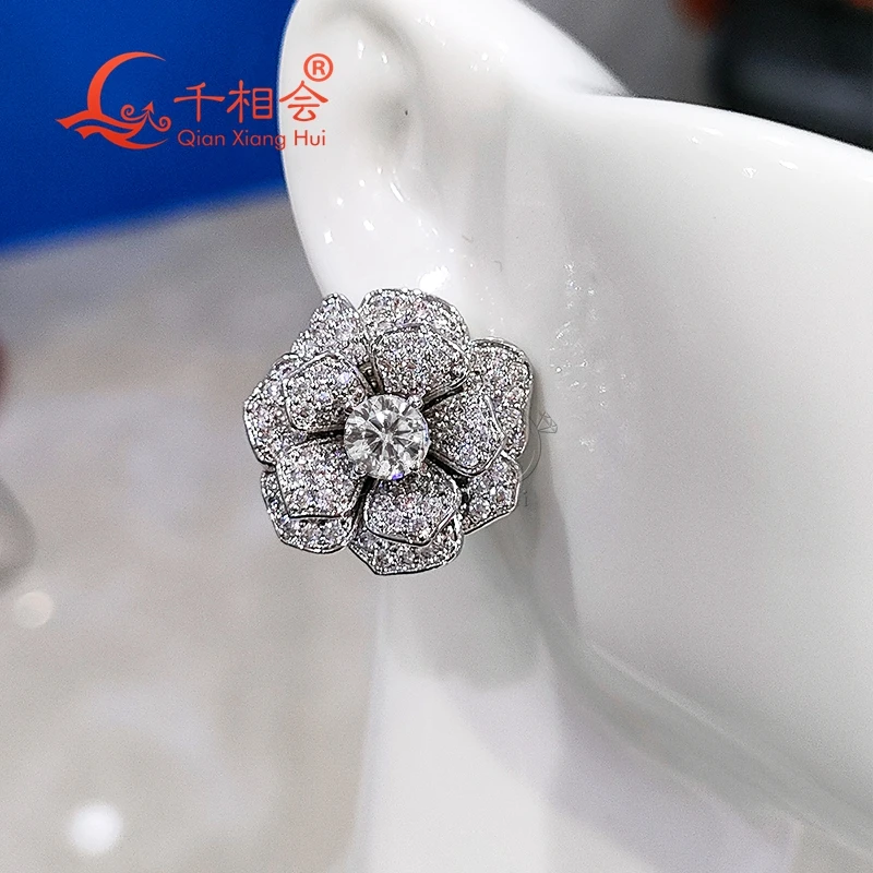 6mm main stone 21MM rose flowers S925 silver  earrings ear stud D vvs white moissanite stone Earring earrings jewelry woman gift