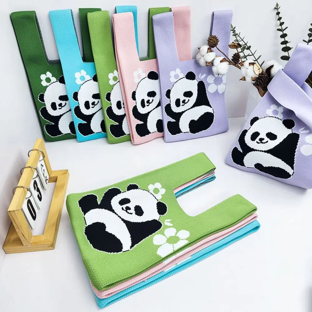 

Flower Cute Panda Knit Bag Gift Mini Reusable Women Knot Wrist Bag Polyester Panda Handmade Knit Handbag Women