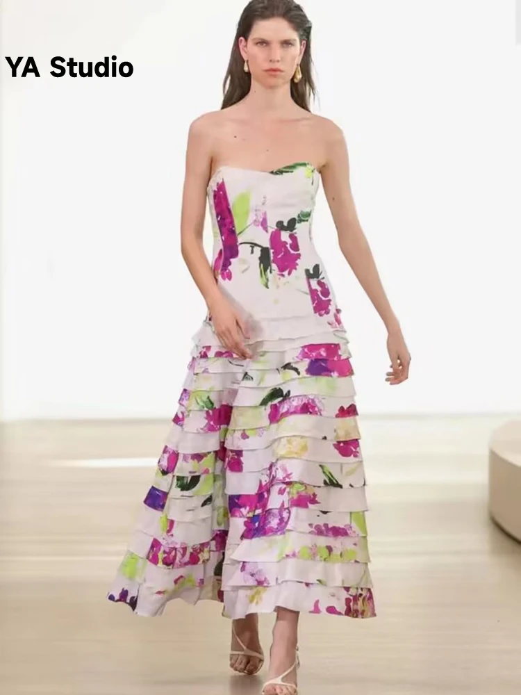 

Женское платье с запахом [YA Studio], черное платье с запахом, открытыми плечами, многослойными оборками по краям и принтом в виде торта на бретелях, Новинка лета 2023