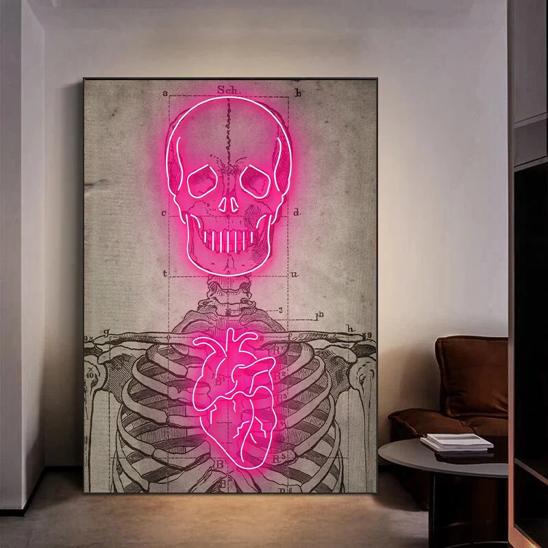 

Abstract Neon Heart Skull Skeleton Artwork Canvas Painting Posters Prints Vintage Wall Art Pictures Hospital Clinic Home Decor