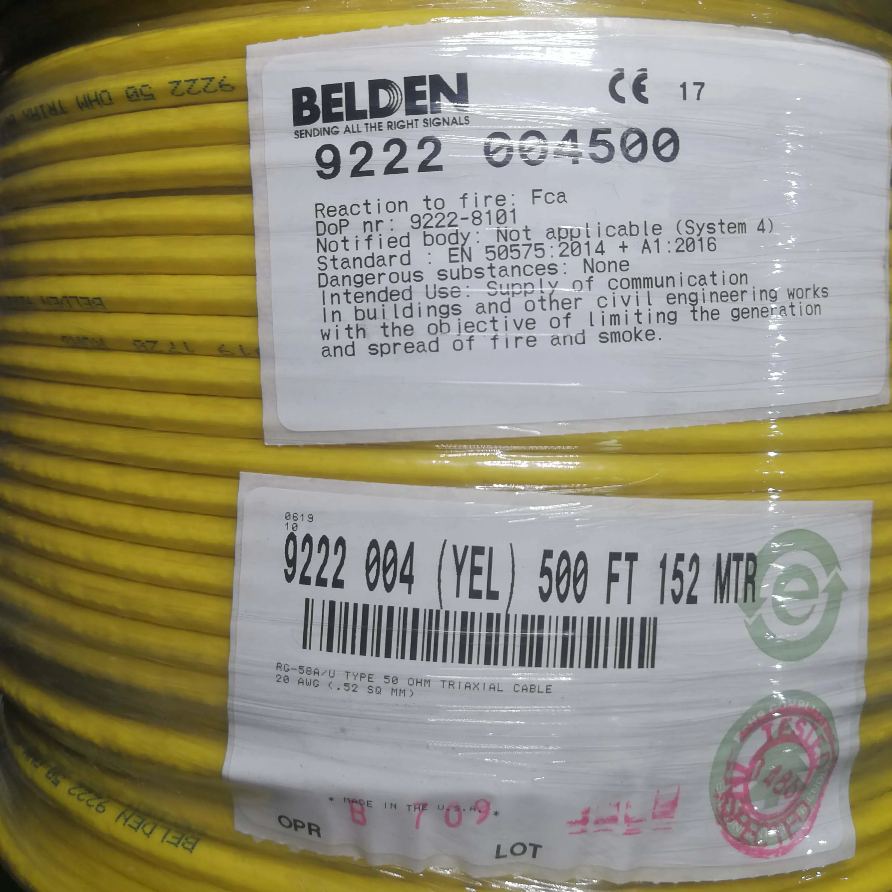 Фото 100% новый оригинальный кабель Belden 50 Triax RG-58A/U # 20 PO TC Braids PVC Jkt BELDEN 9222 №1